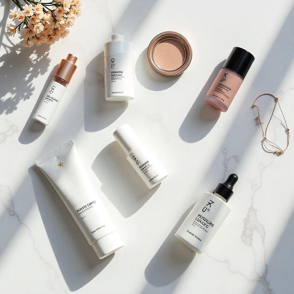 A imagem mostra produtos para preparar a pele para a maquiagem como Gel de Limpeza Facial, Tônico Facial, hidratante. E base e corretivo para iniciar a maquiagem.